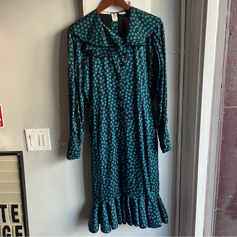 Ungaro Blue And Black Polka Dot Ruffle Dress